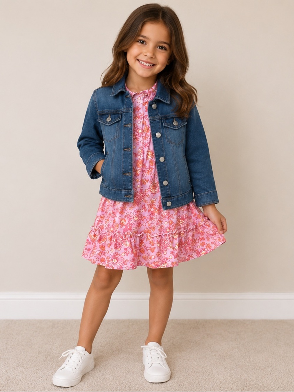 BCBG Girls Set Dark Blue Denim Jacket with Pink Floral Dress XS 5/6